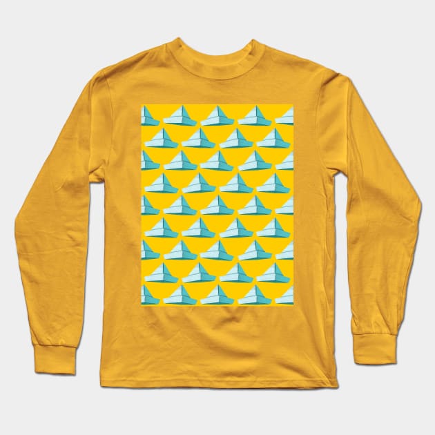 Paper Hats Pattern Blue Yellow Long Sleeve T-Shirt by DrawingEggen